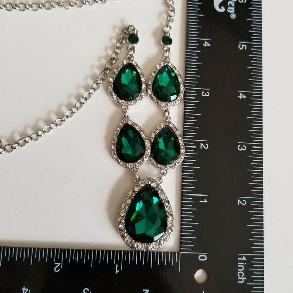 New Deep Green Rhinestone Statement Necklace Set Pierced Earring Demi Parure 18" - Picture 5 of 6